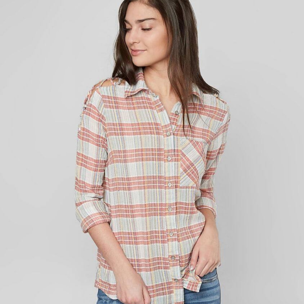 BKE lace up plaid button down size xs